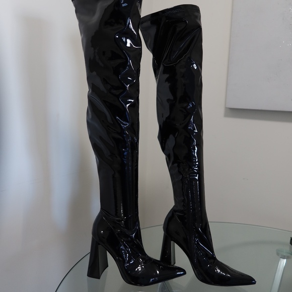 NWT Zara Over the Knee Block Heel Shiny PU Leather Boots - Picture 1 of 7